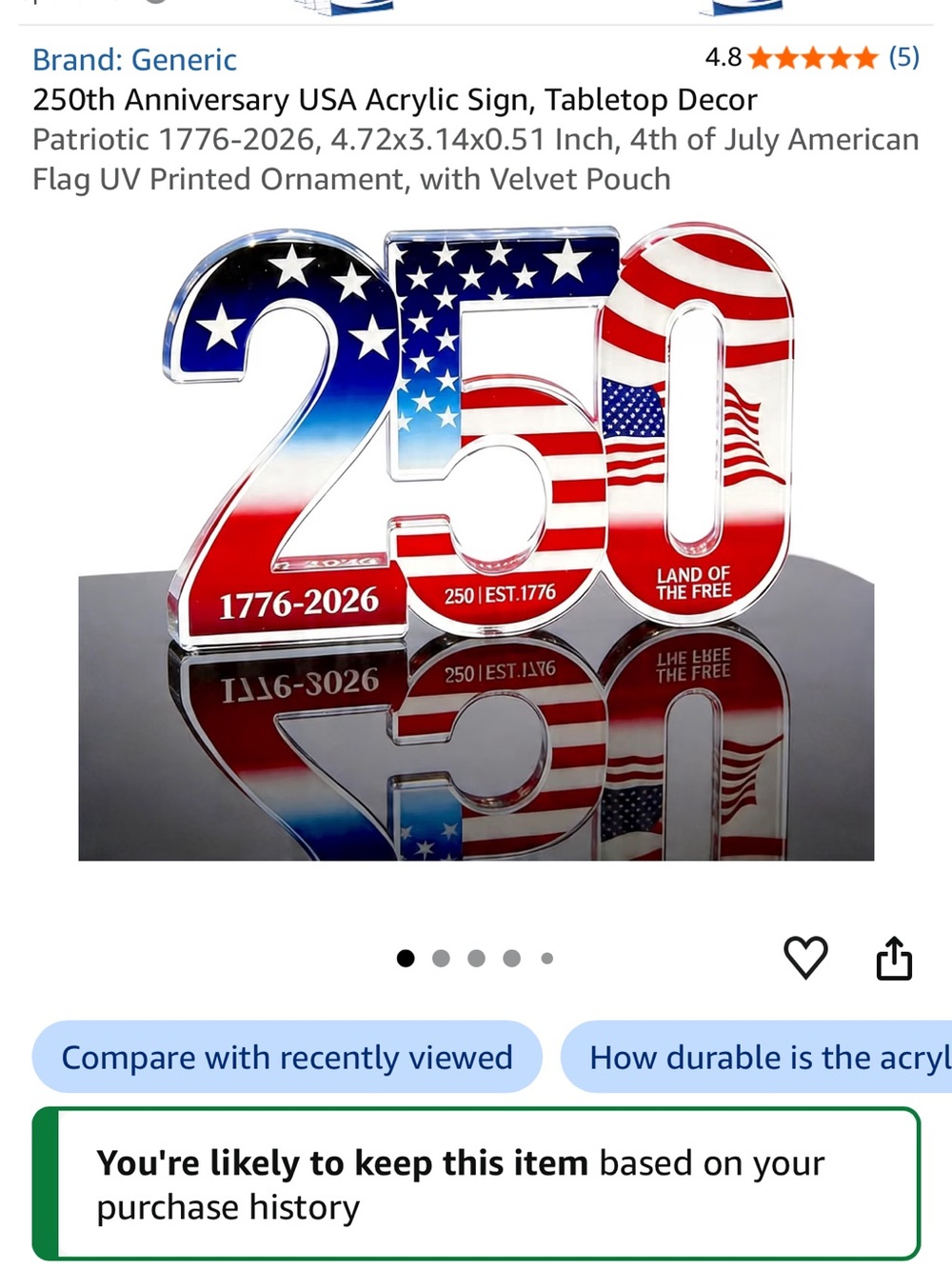 Patriotic 250th Anniversary Acrylic Stand Red, White & Blue